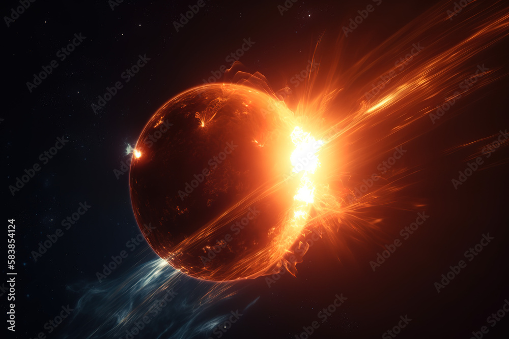 Solar flare near planet in space