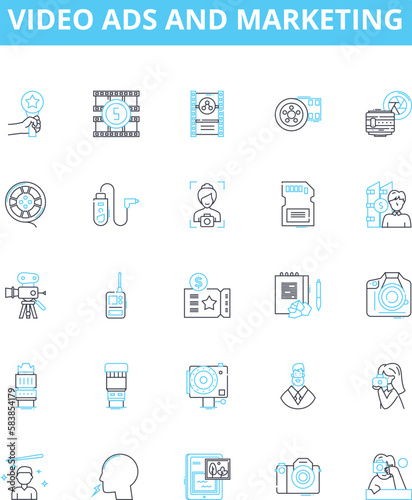Video ads and marketing vector line icons set. Video, Ads, Marketing, Advertising, Promotions, Campaigns, YouTube illustration outline concept symbols and signs