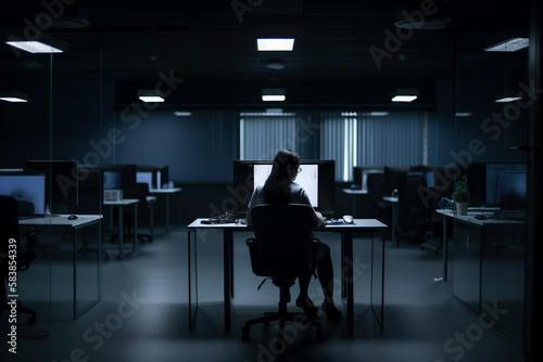 Woman hacker sitting alone at night next to a computer at office. Generative AI illustration