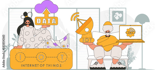 Guy and girl collaborate in the Internet of Things modern vector characters style.