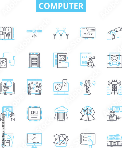 Computer vector line icons set. Computer, laptop, desktop, monitor, printer, router, CPU illustration outline concept symbols and signs