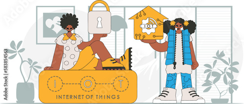 Guy and gal are partners in the IoT realm, in a contemporary vector aesthetic.