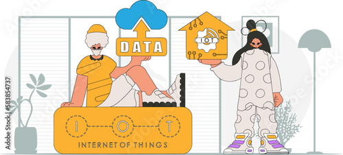 Guy and girl make up a duo in the IoT biz, vector art modern char. style.