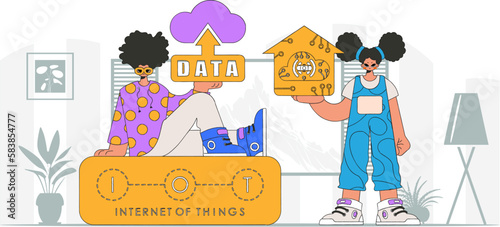 Male and female join forces in the IOT biz, cartoon.like characteristics.