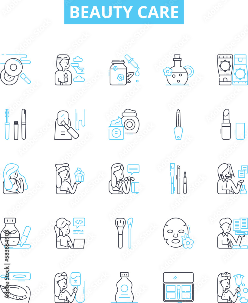 Beauty care vector line icons set. Skincare, cosmetics, hygiene, make-up, hair, facials, nails illustration outline concept symbols and signs