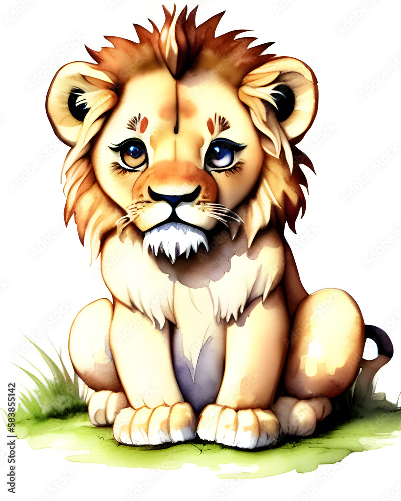 Cute baby lion watercolor illustration made with generative AI Cute baby lion watercolor illustration made with generative AI