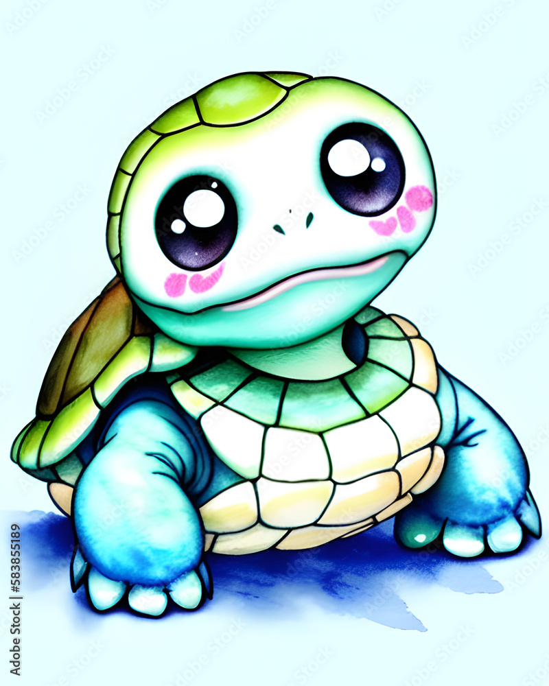 Fototapeta premium Cute baby turtle watercolor illustration made with generative AI