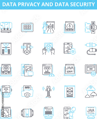 Data privacy and data security vector line icons set. Data, Privacy, Security, Compliance, Protection, Encryption, Regulations illustration outline concept symbols and signs