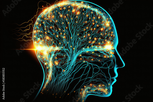 Meditation concept with human head silhouette glowing esoteric neurons in brain AI generated