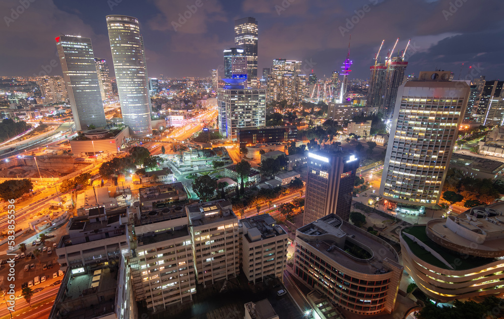 Tel Aviv night downtown modern top view