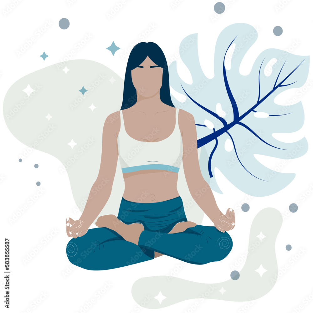 sports girl meditating flat illustration with plants