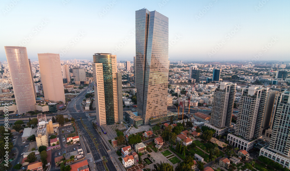 Fototapeta Tel Aviv aerial panorama. Skyscrapers and dormitory quarters