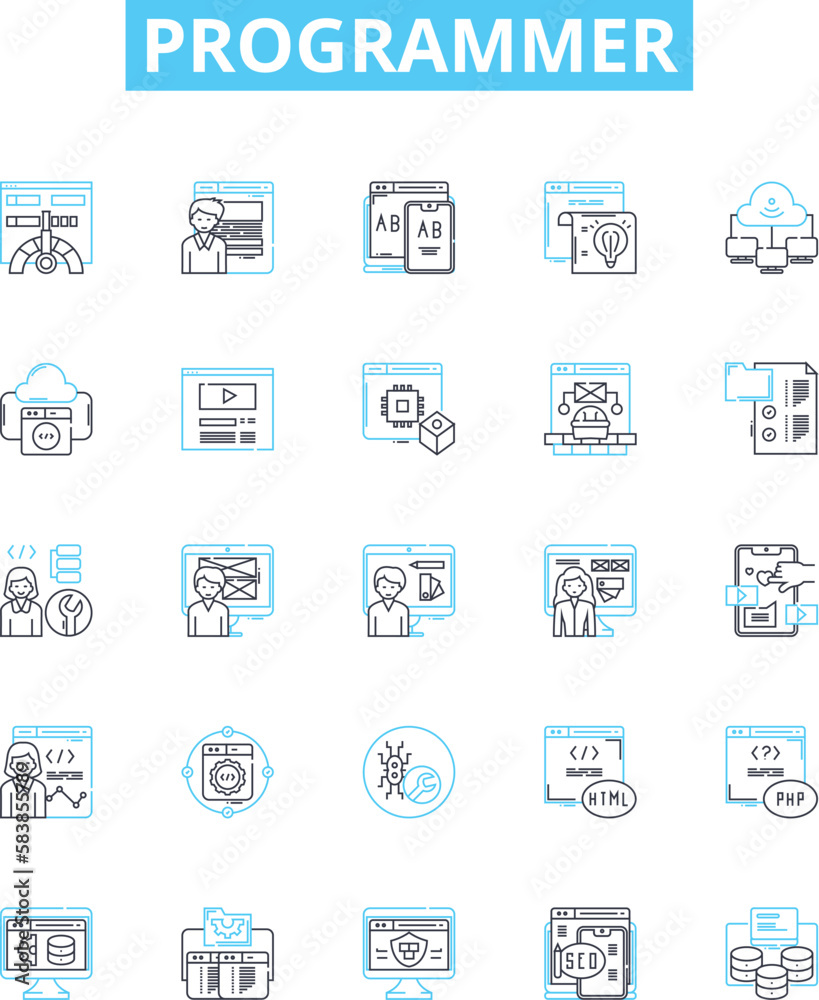 Programmer vector line icons set. Developer, Coder, Engineer, Technician, Analyst, Designer, Hacker illustration outline concept symbols and signs