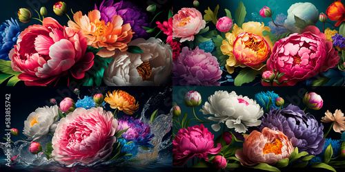 Fototapeta Naklejka Na Ścianę i Meble -  Beautiful floral arrangement in baroque pattern. Garden colorful flowers, leaves and peonies on a dark background. Roses, tulips and peonies in bright pinks and red. Holiday concept. Generative AI.