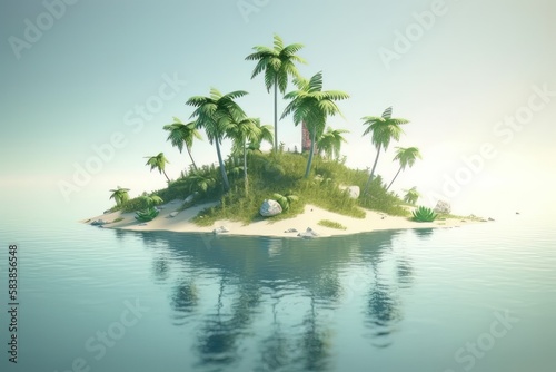 Sandy tropical beach with small island on the background. Generative AI illustration
