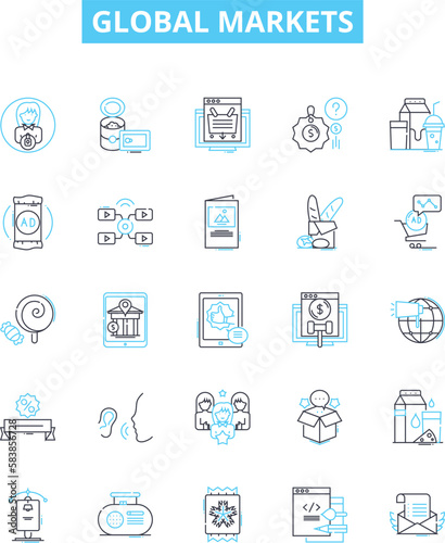Global markets vector line icons set. Markets, Global, Trade, Exchange, Stock, Currency, Commodity illustration outline concept symbols and signs