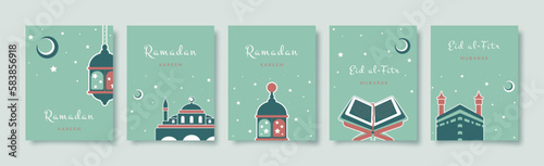 Ramadan Kareem. Set of Islamic greeting card with Kaaba, Quran, mosque, lantern. Vector holiday illustration in green colors for greeting card, poster and banner.