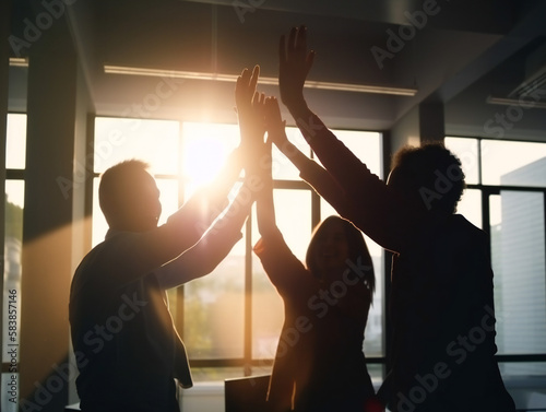 dynamic high-five silhouette, office coworkers collaboration, energetic teamwork with blurred professional backdrop, generative AI