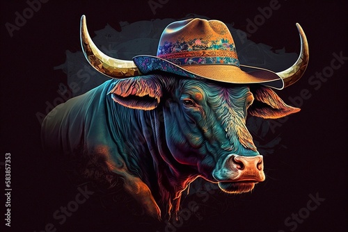 Bull with hat on his head. Generative AI