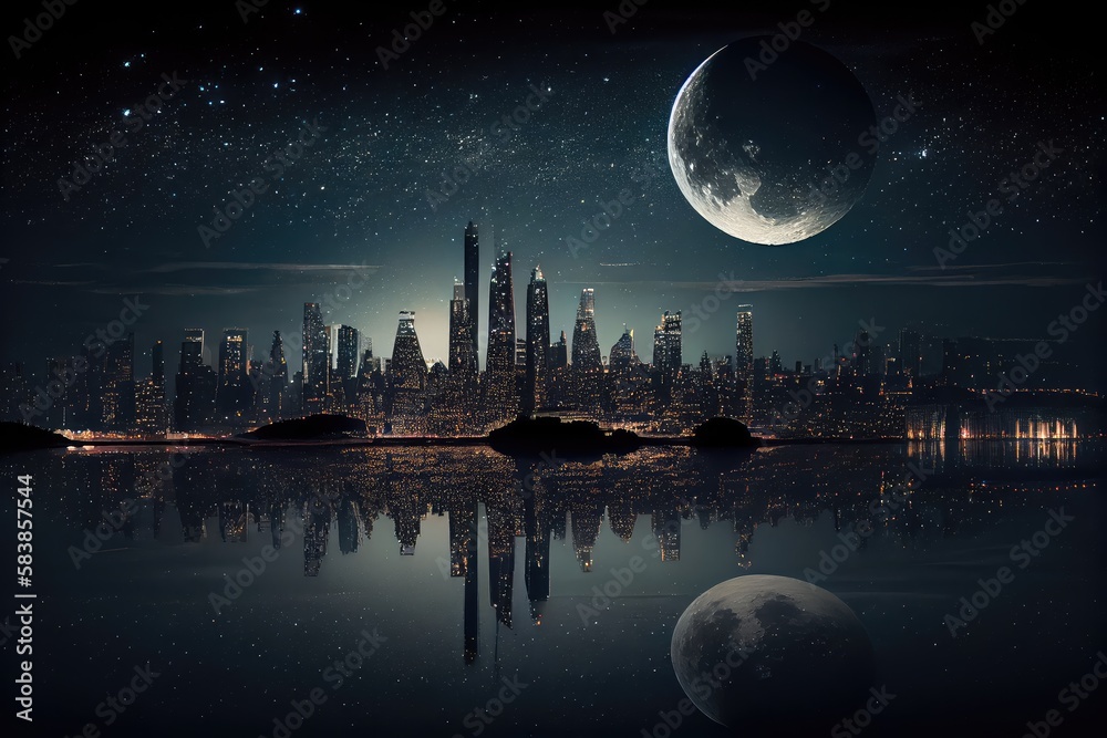 city skyline at night, with the moon and stars shining overhead ...