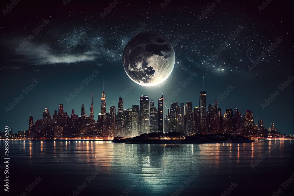 city skyline at night, with the moon and stars shining overhead ...
