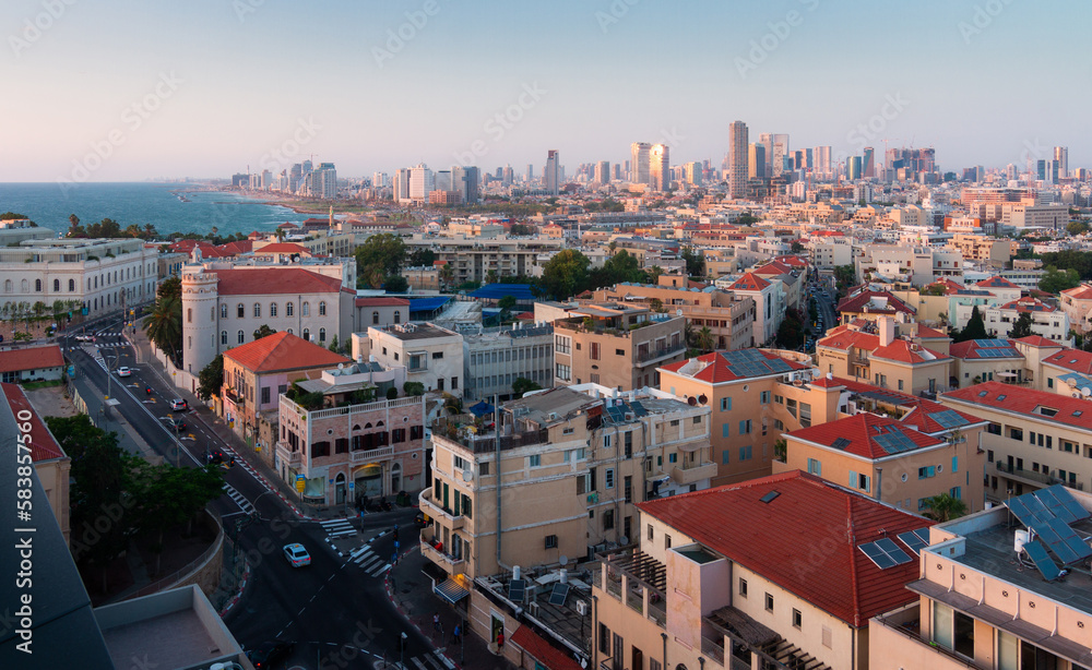 Tel Aviv and Jaffa city panorama, aerial view, historic buildings and sea