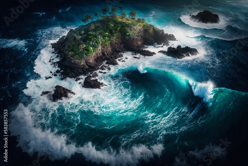Close look of ocean waves in island landscape. Generative AI © AIproduction