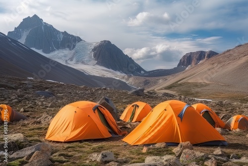 Tent camp and orange tents on the plateau of a mountain valley, the point of acclimatization of climbers before a high-altitude hike. Generative AI