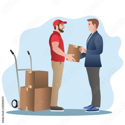 Courier delivered parcel to customer' home. Vector shipping and delivery package service, box delivery from shop to customer illustrations