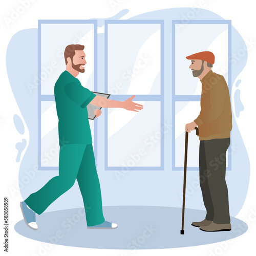 Nurse with an old patient. Visit to medical institution, hospital. Help for elderly. Grandfather  at reception at geriatric doctor. Vector characters flat cartoon illustration.