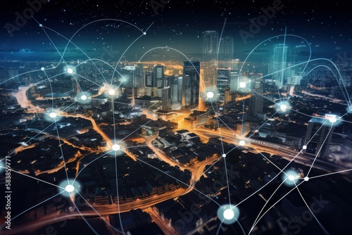 Smart Connected city skyline. Futuristic network concept, city Technology. Generative ai