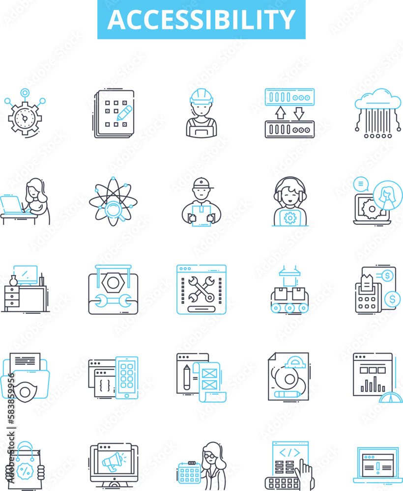 Accessibility vector line icons set. Accessible, Ease, Mobility, Aids, Adaptability, Permeability, Usability illustration outline concept symbols and signs - obrazy, fototapety, plakaty 
