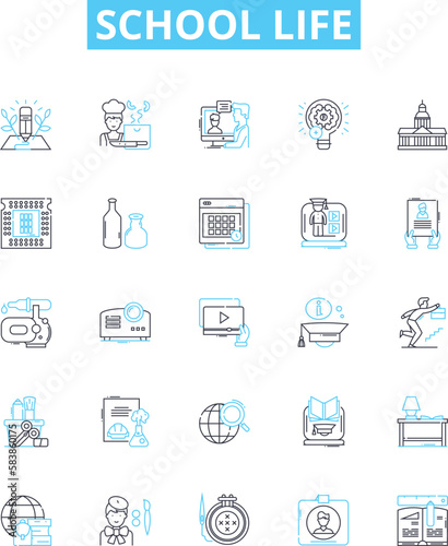 School life vector line icons set. learning, friends, education, teachers, playground, sports, knowledge illustration outline concept symbols and signs