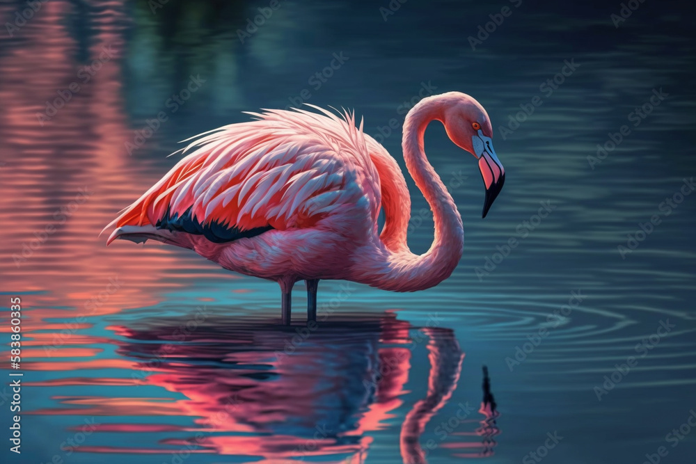 Fototapeta premium Pink beautiful flamingo bird relaxing on a lake in beautiful nature. Wild exotic wildlife fauna concept idea. Ai generated