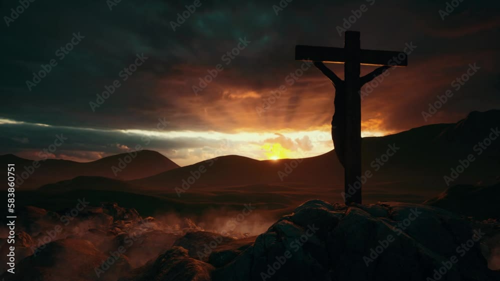 The silhouette of the cross with the crucifixion of Jesus Christ on Mount Calvary against the background of dark clouds and an orange sunset. The concept of the holiday of Easter, Holy Week, resurrect