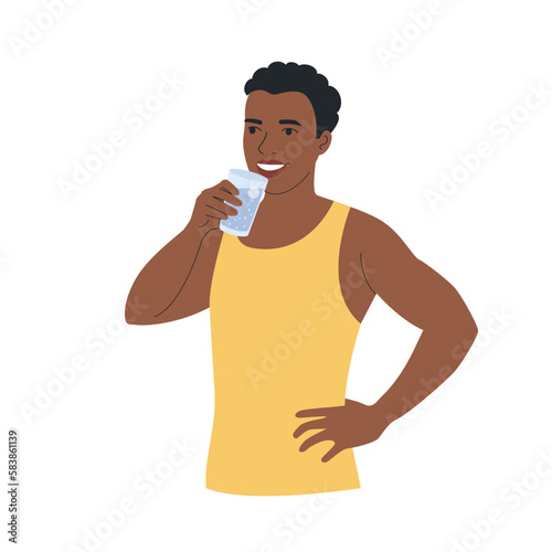 Healthy  young Black man drinks water from a glass isolated. Vector cartoon flat style illustration