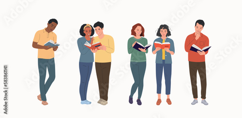 Young different women and men in full height reading book isolated. Vector flat illustration