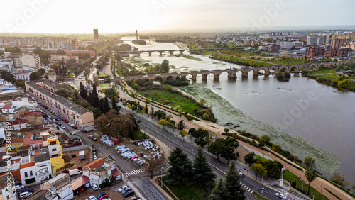 Aerial view of the Guadiana River and its bridges, Badajoz, Extremadura, Spain photo