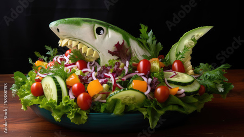 Salatkunst – Hai aus Salat, Generative AI photo