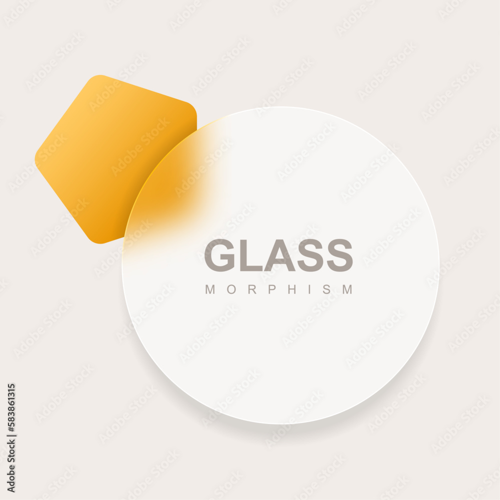Neomorphism effect with round frosted glass and orange blurred polygon on beige background