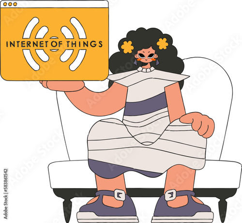 The girl is holding the Internet of Things logo in her hands. photo