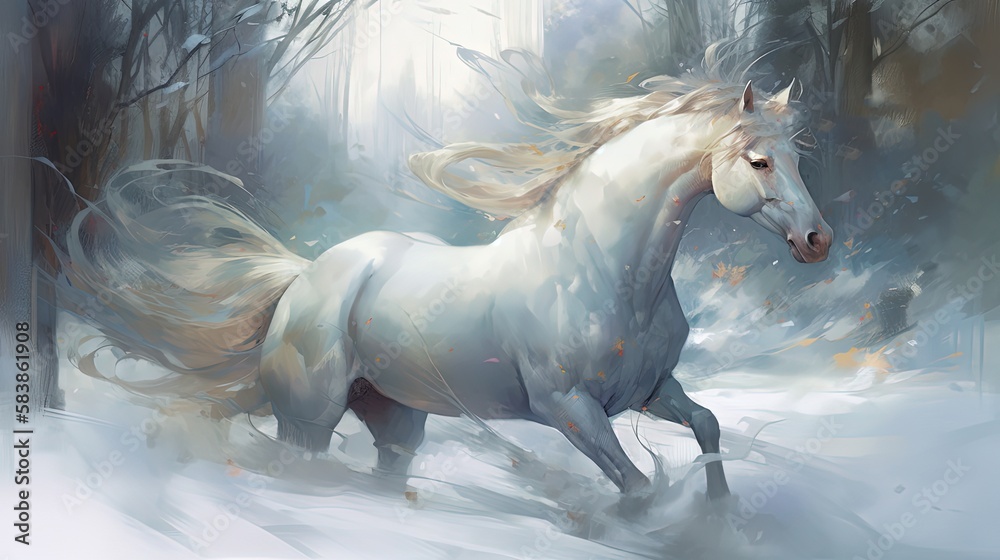 beautiful white horse in morning mist, Generative Ai beautiful white horse in morning mist, Generative Ai