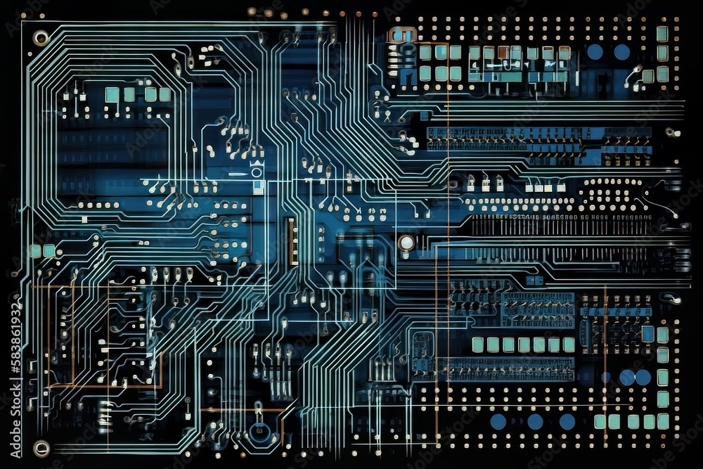 Colorful Printed Circuit Board, Computer Motherboard Components: Microchips, CPU Processor, Transistors, Semiconductors. Top View Moving Macro Shot. Generative ai