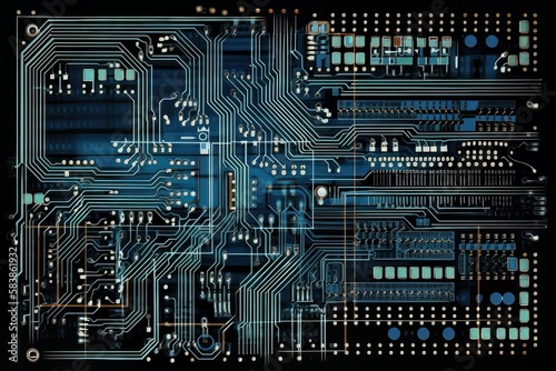 Colorful Printed Circuit Board, Computer Motherboard Components: Microchips, CPU Processor, Transistors, Semiconductors. Top View Moving Macro Shot. Generative ai