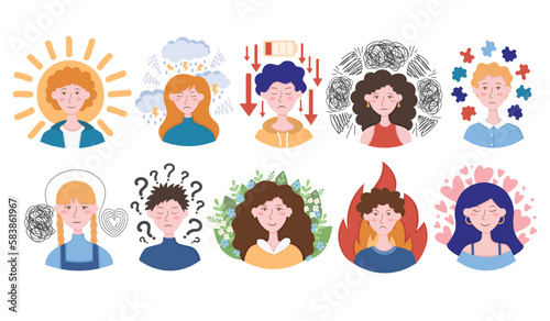 Doodle Flat Clipart. Illustration about mental health. All Objects Are Repainted.