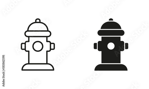Fire Hydrant Silhouette and Line Icon Set. Fire Extinguishing Hydrant Black Sign Collection. Isolated Vector Illustration