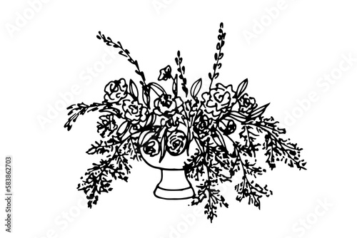 bouquet of flowers in a low vase in doodle style. hand drawn vector illustration flower decor