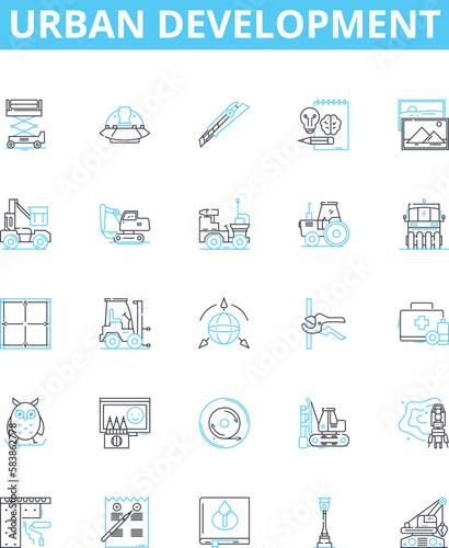 Urban development vector line icons set. Urban, Development, Cities, Infrastructure, Housing, Sustainability, Technology illustration outline concept symbols and signs