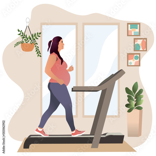 Exhausted fat woman trying to loose fat running on Electric Treadmill at home. Vector Illustration about exercise, health, , cardio training and diet.