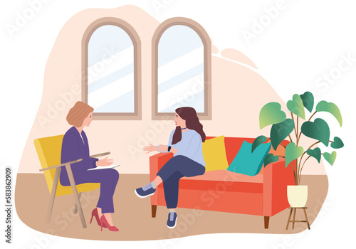 Woman sitting in armchair and talking with psychologist. Thought, therapy, mind flat vector illustration. Mental health and psychology concept for banner, website design or landing web page